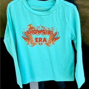 Mint Turquoise Long Sleeve Tee with Orange & Gold Showgirl Graphic